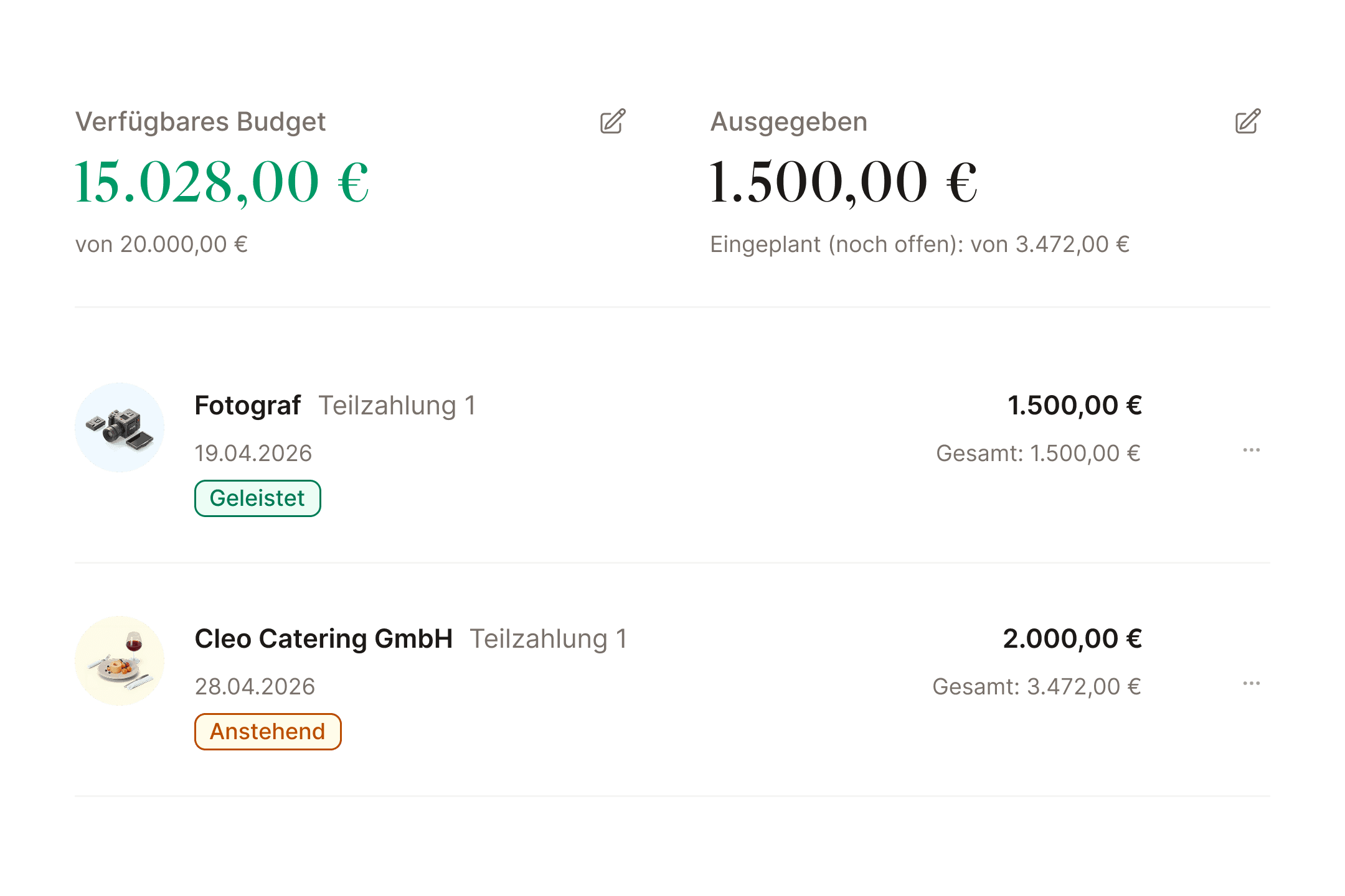 Hochzeitsbudget mit Kategorien, geplanten Kosten und Zahlungen in LVE Wedding